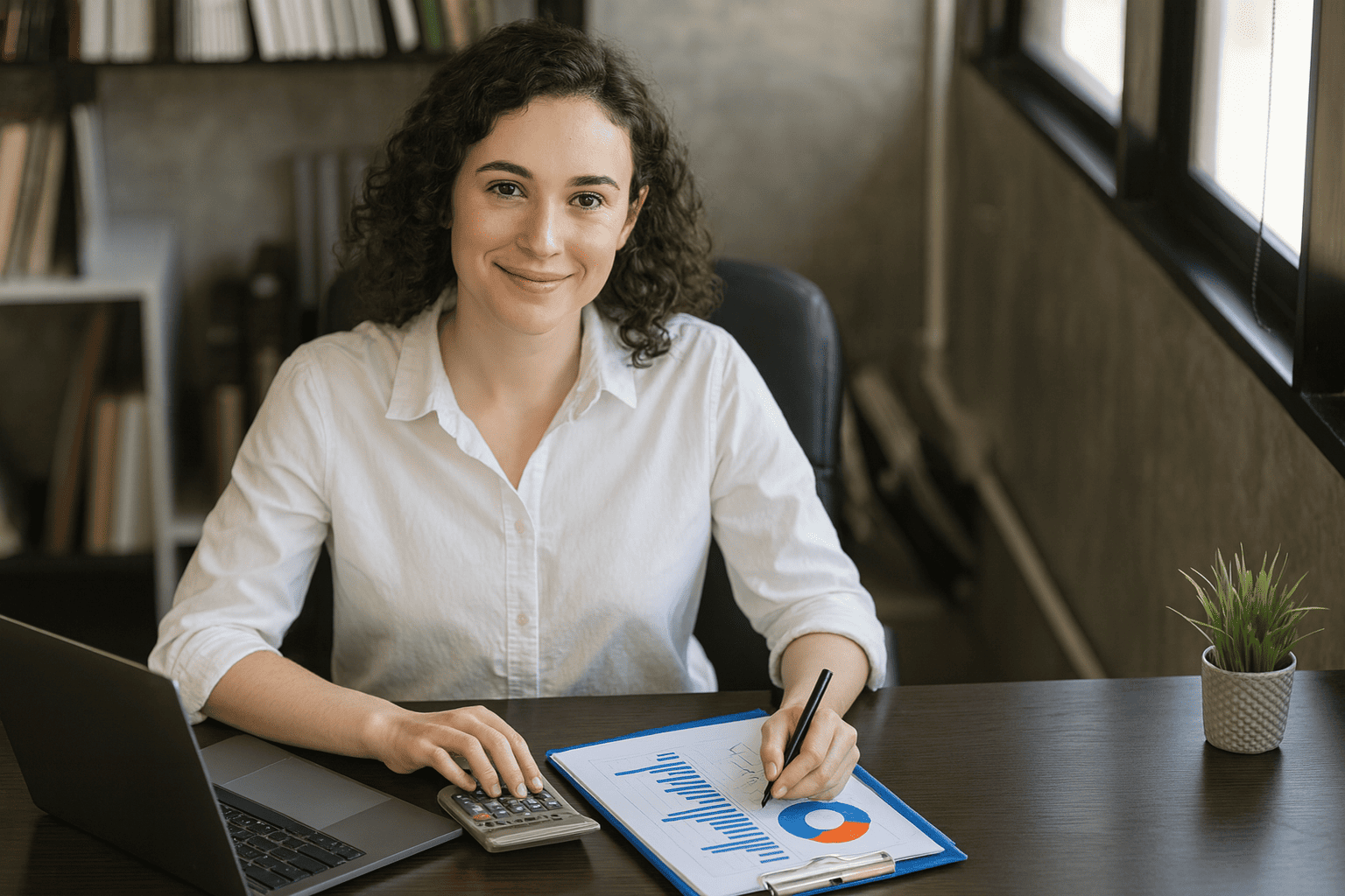 Knjigovođa vs samostalni knjigovođa: razlike, prednosti i mane 1 Računovođa u bijeloj košulji radi za uredskim stolom, koristi kalkulator i laptop te bilježi podatke na izvještaju s grafom “Prihod”.