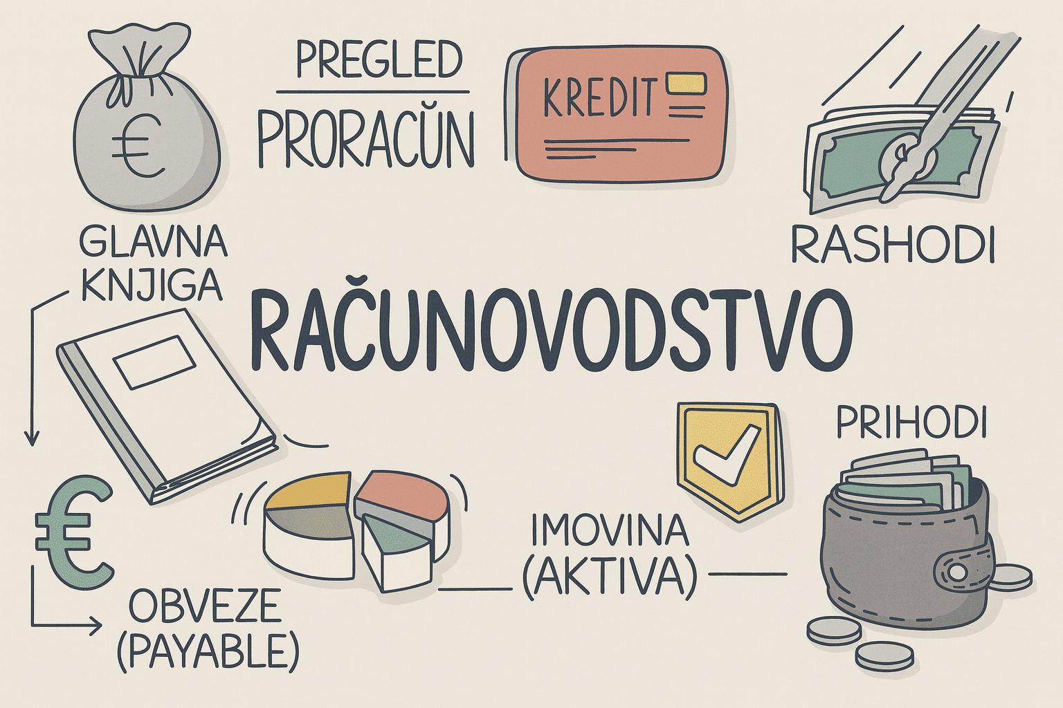 Knjigovođa vs samostalni knjigovođa: razlike, prednosti i mane 2 Računovodstvo s pojmovima: pregled proračun, kredit, rashodi, prihodi, glavna knjiga, obveze (payable) i imovina (aktiva) uz novčanik i tortni graf.