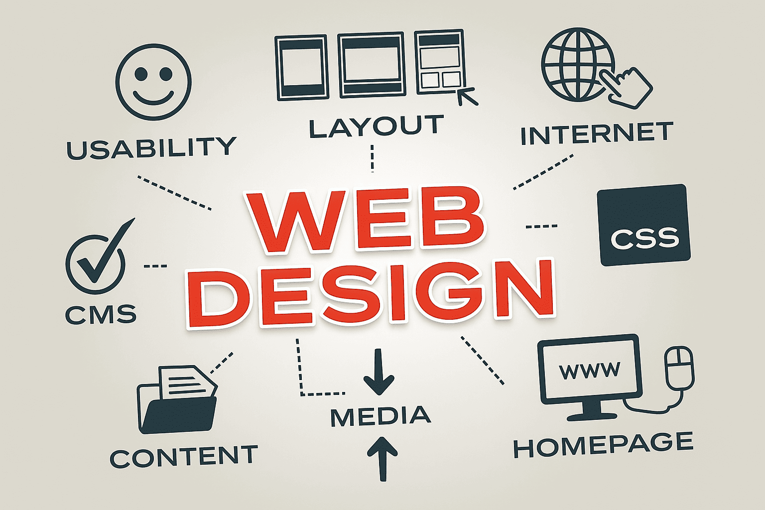 Infografika s pojmom Web Design u središtu i elementima usability, layout, internet, CSS, CMS, content, media i homepage povezanima ikonicama