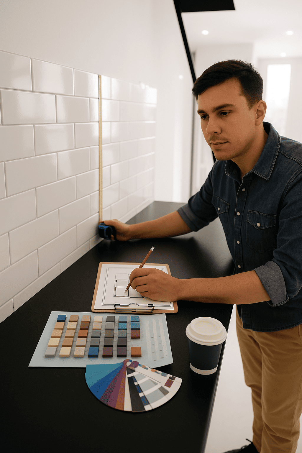 Dizajner interijera mjeri zid i crta tlocrt kuhinje uz paletu uzoraka boja na radnoj ploči.