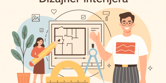 dizajner-interijera-program-suvremeno-uciliste-sus (1) Dizajner interijera s tlocrtnim planom, ženom s velikom olovkom i priborom za crtanje u modernom radnom prostoru.