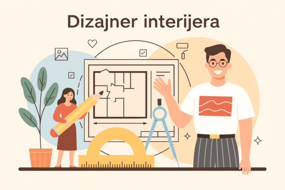 Dizajner interijera s tlocrtnim planom, ženom s velikom olovkom i priborom za crtanje u modernom radnom prostoru.