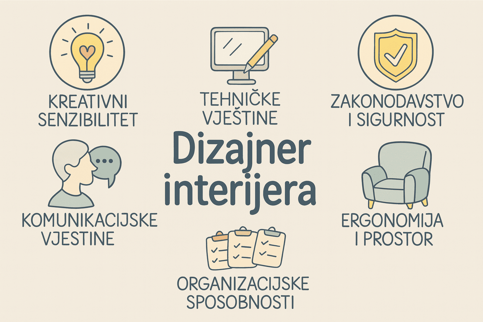Kako postati dizajner interijera? 1 Dizajner interijera infografika s ključnim vještinama: kreativni senzibilitet, tehničke vještine, komunikacija, organizacija, ergonomija i zakonodavstvo.