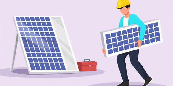monter-solarnih-panela-s-nosivom-kacigom-ilustracija Monter solarnih fotonaponskih sustava s zaštitnom kacigom nosi solarni panel.