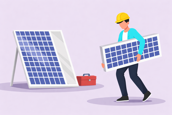 Monter solarnih fotonaponskih sustava s zaštitnom kacigom nosi solarni panel.