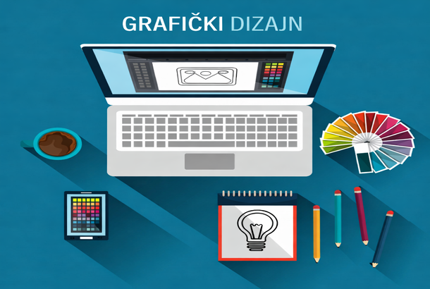 Grafički dizajn - ilustracija laptopa, palete boja, bilježnice, kave, mobitela i olovaka na plavoj podlozi
