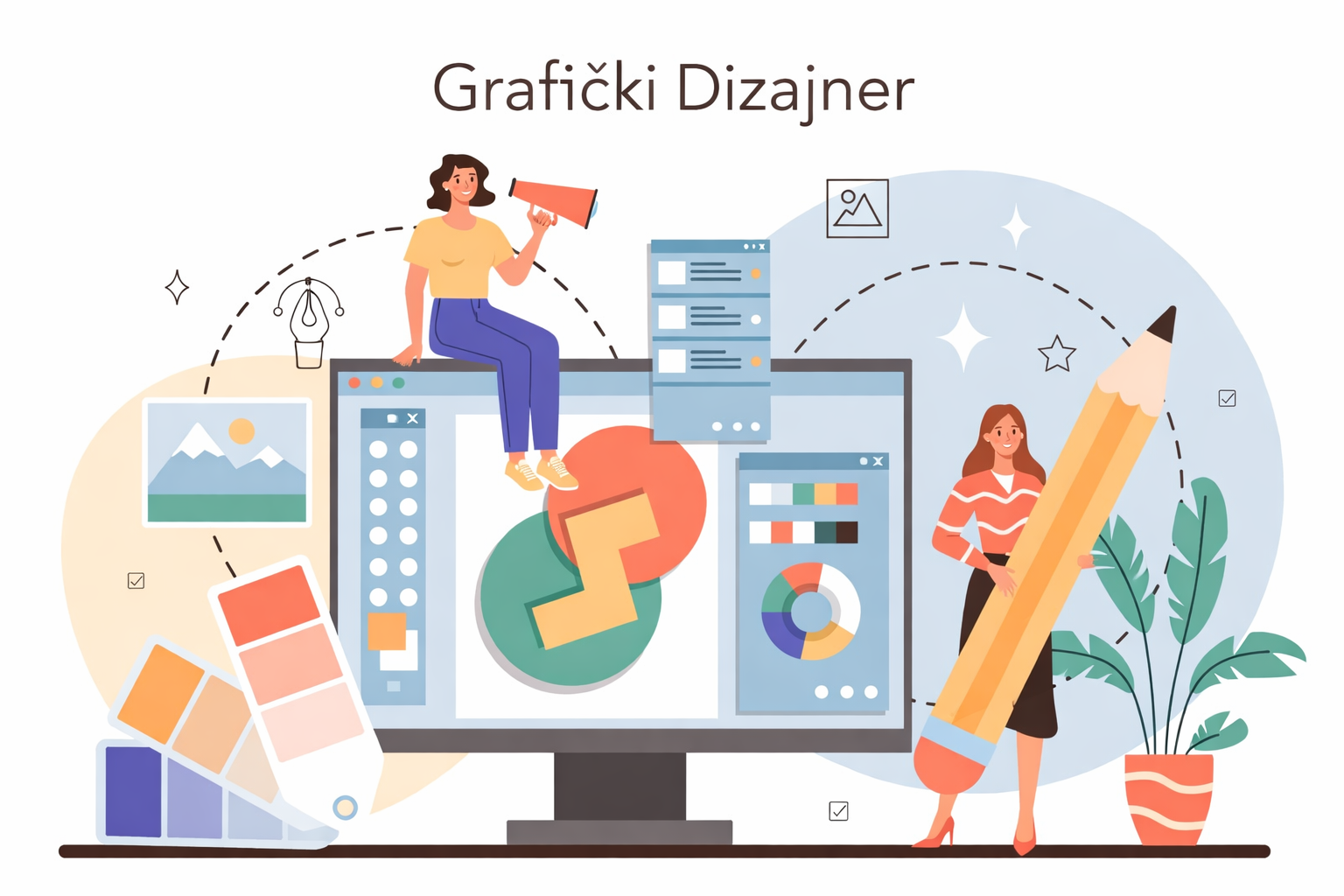 Grafički dizajner - ilustracija žena uz monitor s dizajnerskim sučeljem, paletama boja i velikom olovkom.
