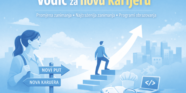 vodic-za-novu-karijeru (1) (1) Minimalistička plavo-tonirana ilustracija s naslovom Vodič za novu karijeru koja simbolizira promjenu karijere, odabir novog zanimanja i programe obrazovanja kroz prikaz profesionalnog razvoja i napretka.