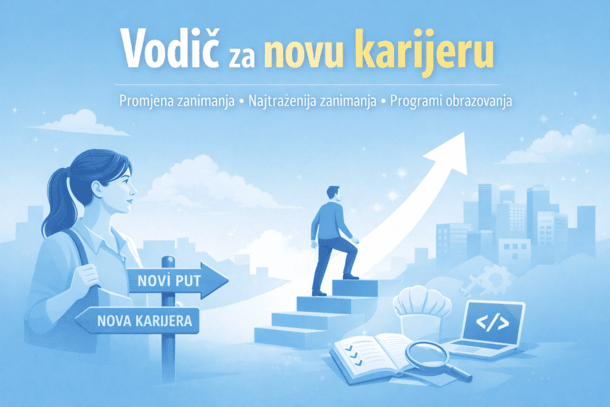 Minimalistička plavo-tonirana ilustracija s naslovom Vodič za novu karijeru koja simbolizira promjenu karijere, odabir novog zanimanja i programe obrazovanja kroz prikaz profesionalnog razvoja i napretka.