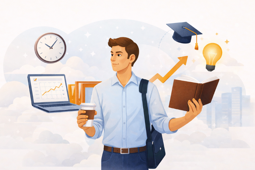 Osoba uz posao uči i razvija se, drži knjigu i kavu, uz simbole napretka i karijere