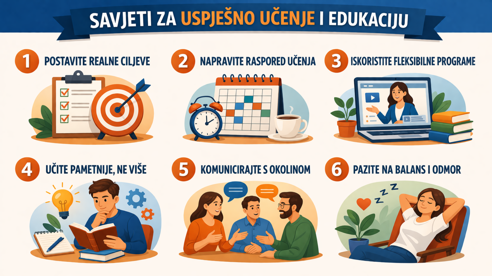 Infografika sa savjetima za uspješno učenje i edukaciju - ciljevi, raspored, online učenje, pametno učenje, komunikacija i odmor