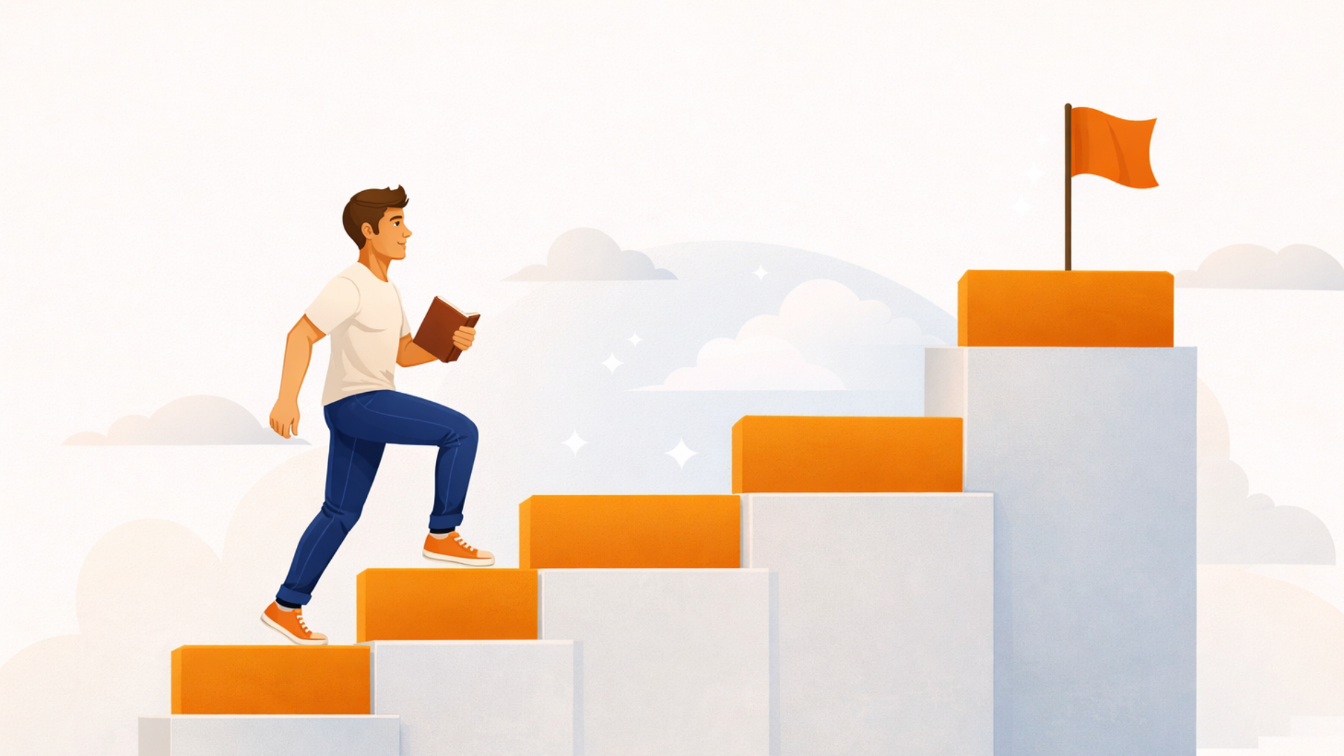 Osoba se penje stepenicama prema cilju, uči i napreduje korak po korak
