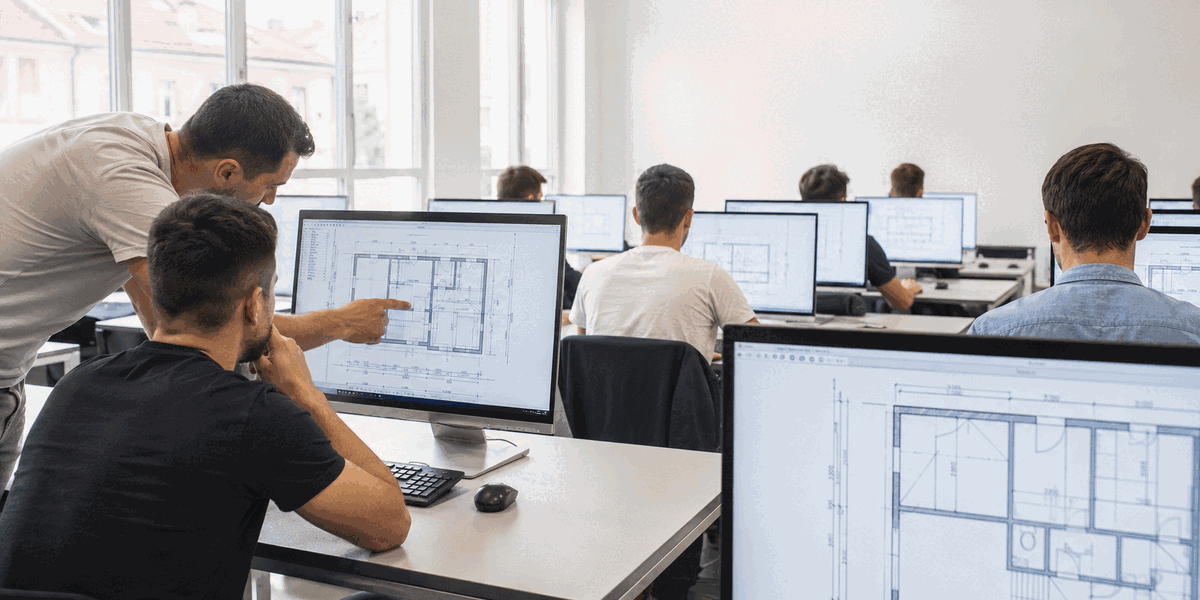 Polaznici AutoCAD tečaja rade na tlocrtima uz mentorstvo predavača u učionici s računalima
