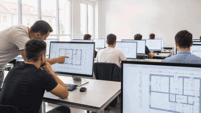 Polaznici AutoCAD tečaja rade na tlocrtima uz mentorstvo predavača u učionici s računalima