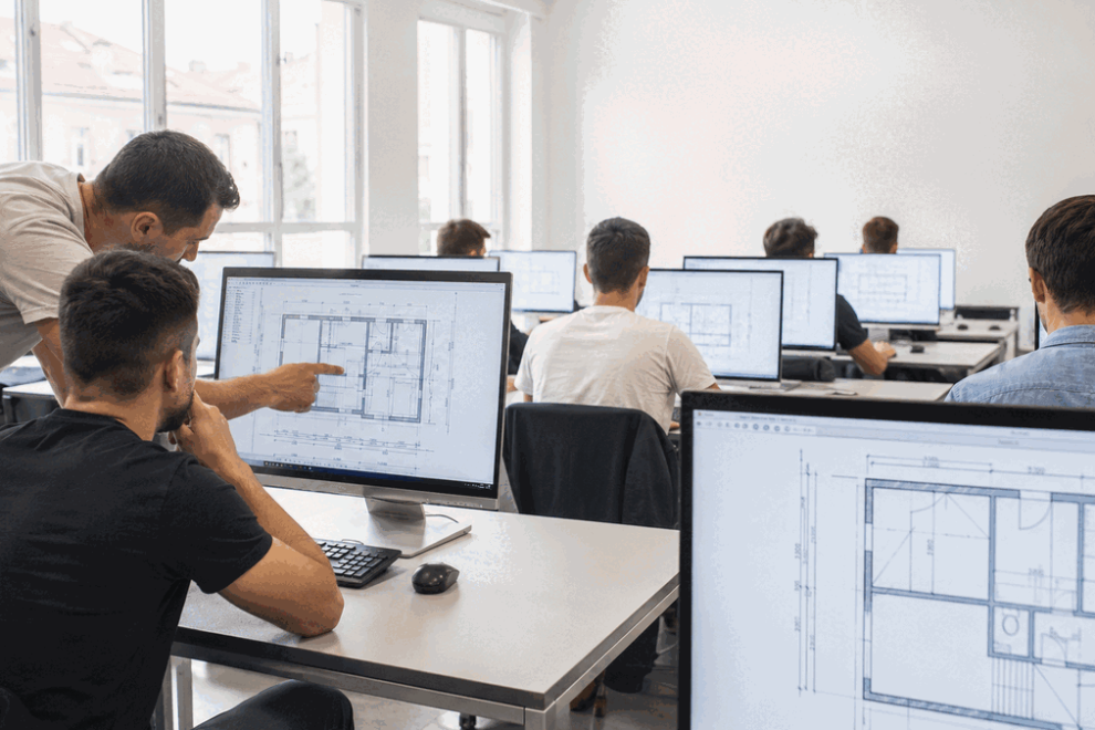 Polaznici AutoCAD tečaja rade na tlocrtima uz mentorstvo predavača u učionici s računalima