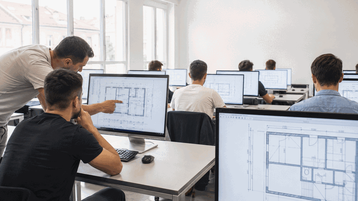 Polaznici AutoCAD tečaja rade na tlocrtima uz mentorstvo predavača u učionici s računalima