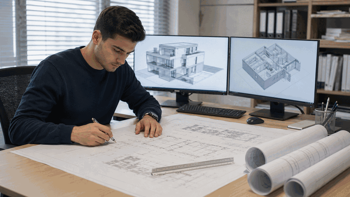 AutoCAD tečaj: Što se uči, koliko traje i koliko košta 3 Arhitekt nakon AutoCAD tečaja izrađuje 3D model zgrade i tlocrt na dva monitora dok ručno crta nacrt